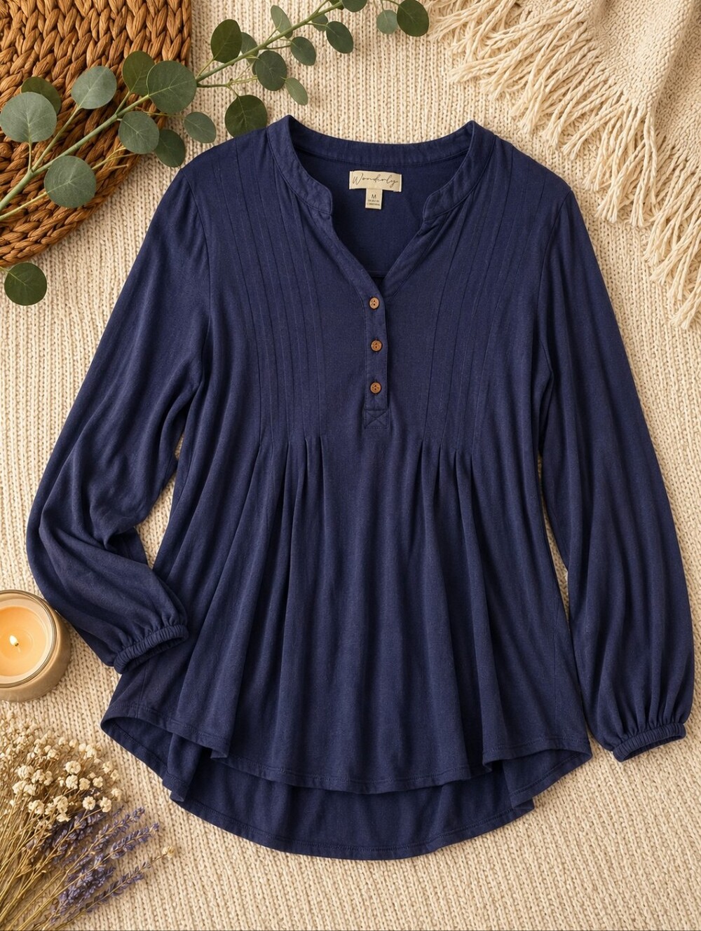Wonderly Navy Blue Tunic Top Medium Henley High Low Flowy Boho